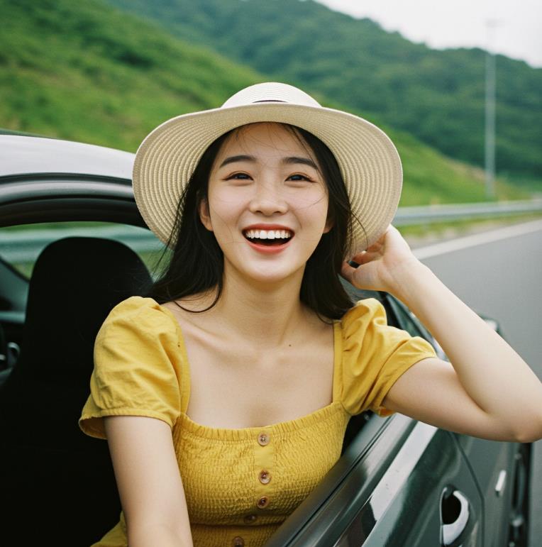 자동차로 신나게 달리는 여성