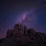 Beautiful view of the Milky Way over a rocky outcrop under a starry night sky, showcasing celestial wonders.