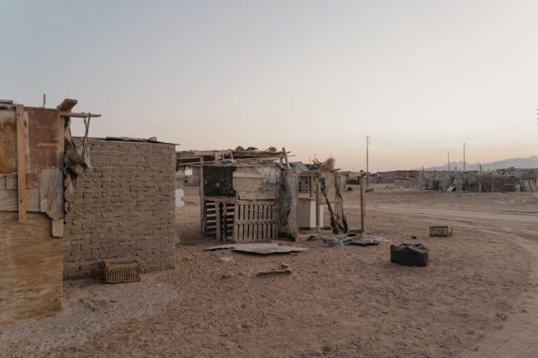 Rustic desert settlement with improvised structures at dawn, showcasing resilience in arid landscapes.