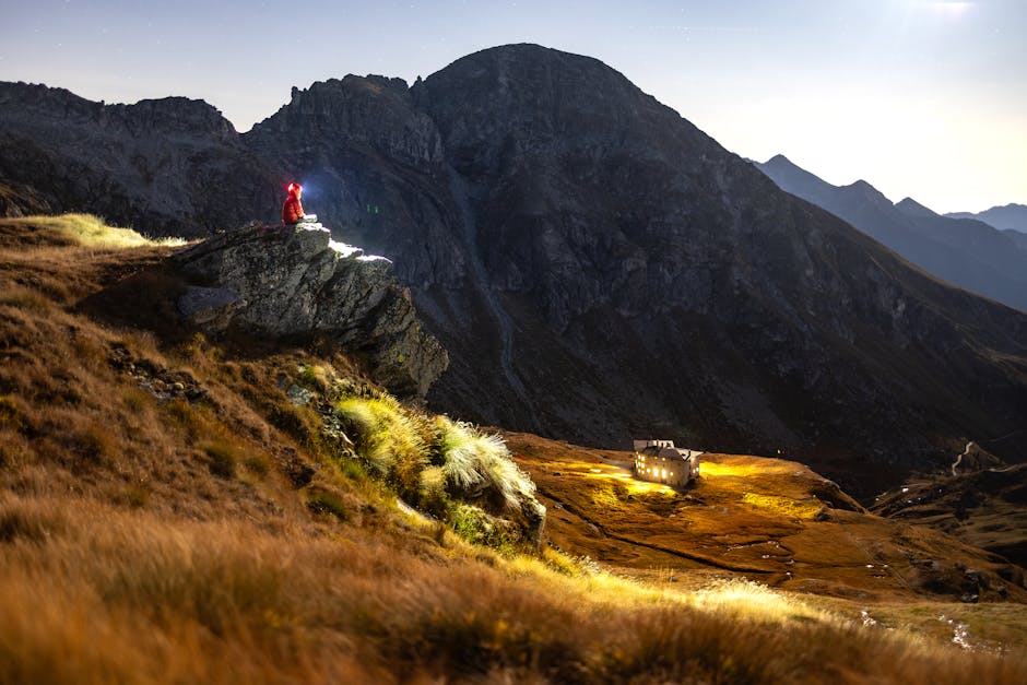 A serene nighttime scene with a person stargazing on a mountain, under a starry sky.