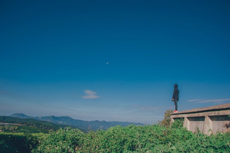 A person in a hoodie observes a breathtaking mountain view from a rooftop. Clear sky and lush greenery.